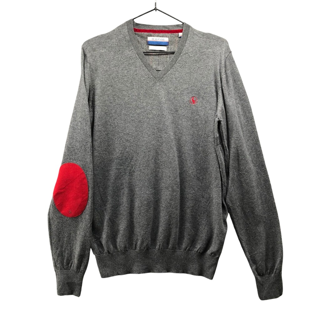 El Ganso V-Neck Sweater Mens S Gray Elbow Patch Cotton Cashmere Preppy European